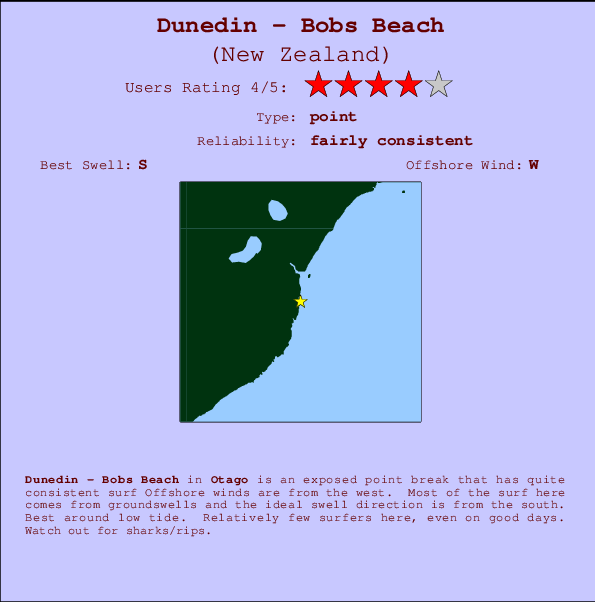 Dunedin - Bobs Beach Carte et Info des Spots