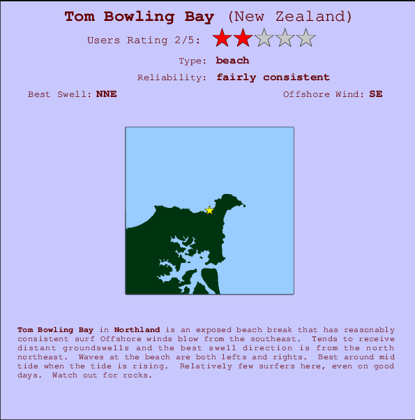 Tom Bowling Bay Carte et Info des Spots