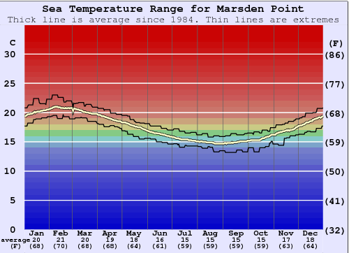 Marsden Point Graphique de la température de l'eau